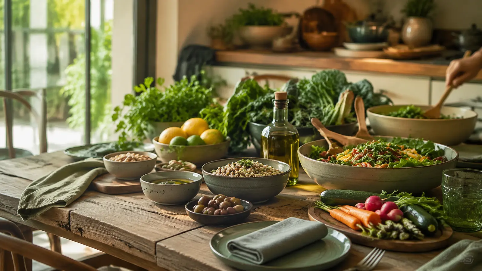 Alimentos naturais variados organizados sobre uma mesa em luz acolhedora